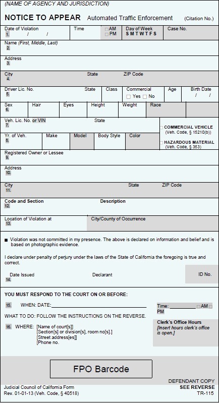 Official form, California red
                light camera ticket